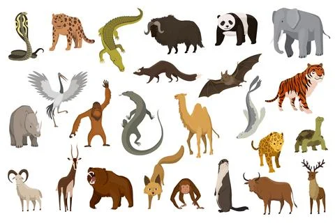 Collection of cute vector animals. Hand drawn animals which are common in Asia Stock Illustration