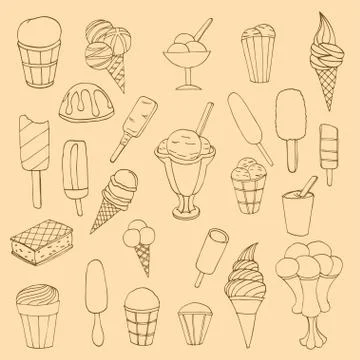 Collection of cute vector hand drawn cartoon ice cream. Cones an Stock Illustration