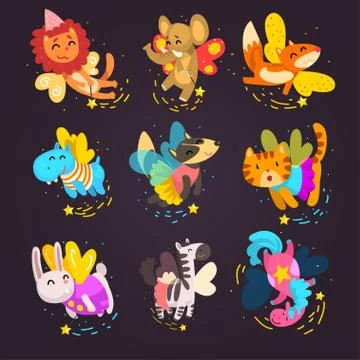 Collection of cute winged animals with a magic wands, fantasy fairy tale dog Stock Illustration