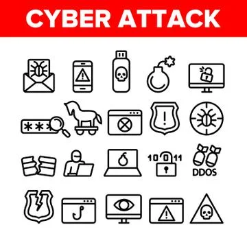 Collection Cyber Attack Elements Icons Set Vector 库存插图