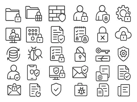 Collection of cybersecurity and data protection icons isolated on white bac.. Stock-Illustration