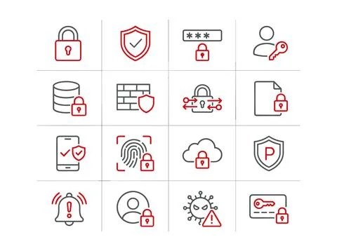 Collection of cybersecurity and data protection icons including padlocks, s.. Stock Illustration