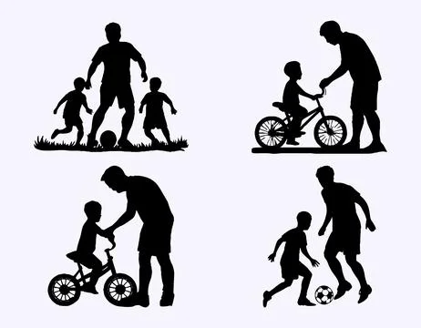 Collection of Dad and son or Father and girl Silhouettes in different poses set Stock Illustration