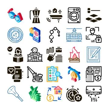Collection of daily essentials and professional services icons Stock Illustration