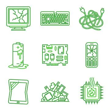 Collection of Damaged Electronic Devices and Components Icons. Stock-Illustration