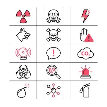 Collection of danger and warning icons including radiation, gas mask, light.. Stock Illustration