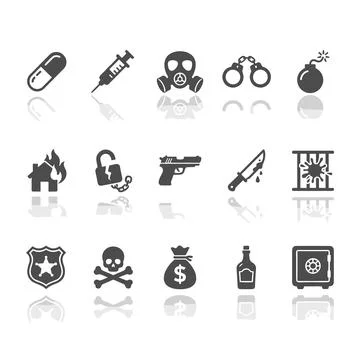 Collection of dark gray danger and crime icons including pill, syringe, gas.. Stock Illustration