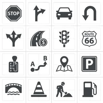 Collection of dark gray flat icons for traffic, driving, and road signs inc.. Stock Illustration