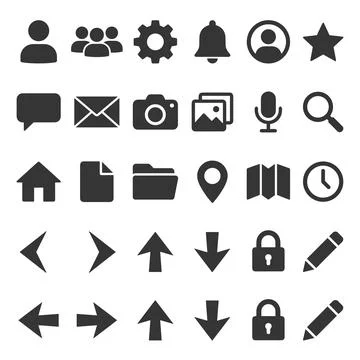 Collection of dark gray flat vector icons representing user interface eleme.. Stock Illustration