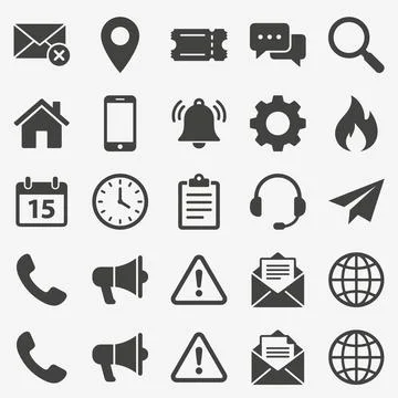 Collection of dark grey communication and technology icons on a light grey .. Stock Illustration