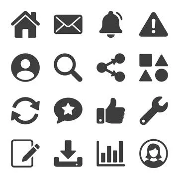 Collection of dark grey flat design icons for web and mobile interface, inc.. Stock Illustration