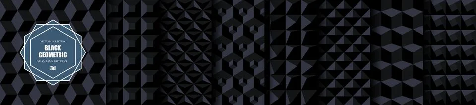 Collection of dark seamless geometric patterns with luxury 3d cube shapes. .. Stockillustratie