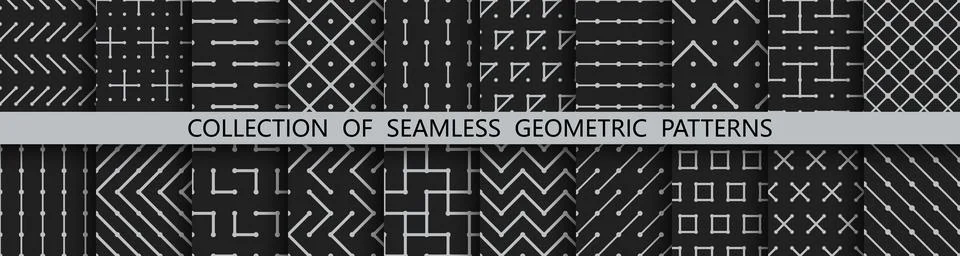 Collection of dark vector seamless geometric striped patterns. Black repeatable Illustrazione stock