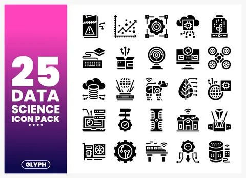 A collection of data science glyph icons on a white background. featuring t.. Stock Illustration