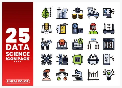 A collection of data science icons in lineal color style. depicting technol.. Illustration