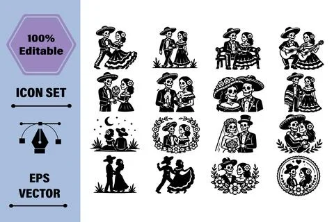 Collection of Day of the Dead Couple Illustrations for Festive Cultural Event 库存插图