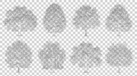 Collection of deciduous tree silhouettes isolated on transparent background Иллюстрация