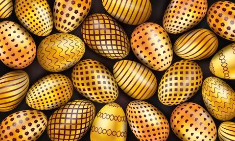 Collection of decorated golden Easter eggs on black background. Stock Illustration