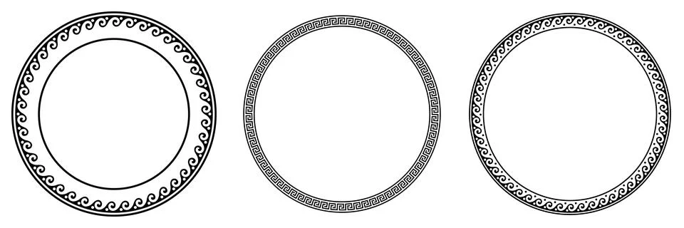  Collection of decorative black round frames for design with Greek key, wave mea Stock Illustration