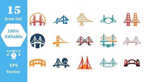 Collection of decorative bridge construction icons with architecture, landmar Stock Illustration