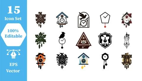 Collection of decorative cuckoo clock icons and illustrations with decoration Stock Illustration