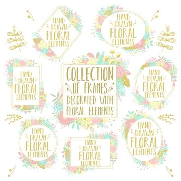 Collection of decorative frames of different forms, decorated with floral mot Stock Illustration