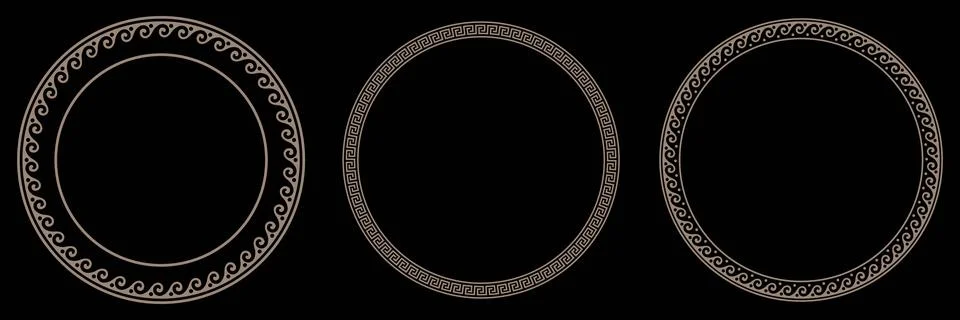 Collection of decorative gold round frames for design with Greek key, wave meand Stock Illustration
