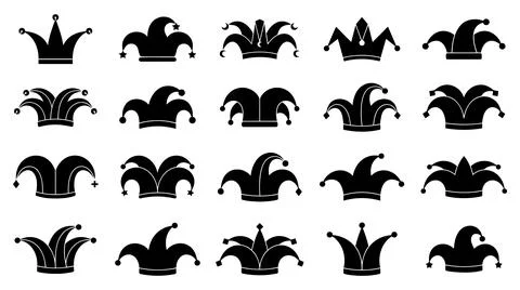 Collection of decorative jester hat silhouettes for festive graphic design Stock Illustration