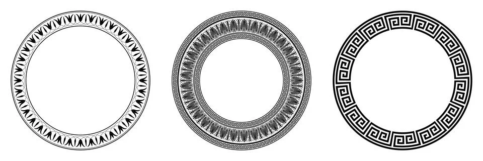Collection of decorative round frames for design with Greek key, meander. Circle 스톡 일러스트