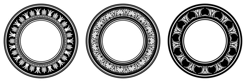 Collection of decorative round frames with Greek key, anthemion, meander, palmet Stock Illustration