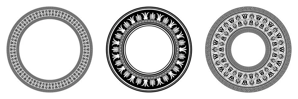 Collection of decorative round frames with Greek key, meander. Circle frame.  Stock Illustration