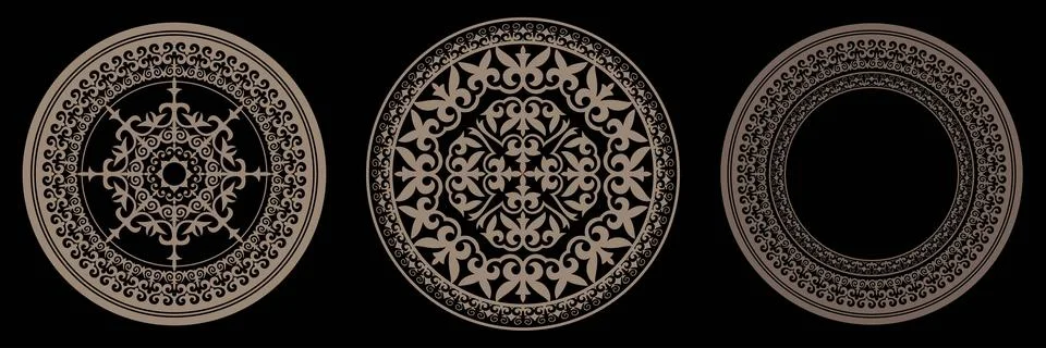 Collection of decorative round gold frames for design with floral ornament.  Stock Illustration