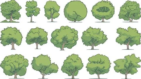 A collection of dense lush green trees in various sizes shapes and leaf clu.. Stock Illustration
