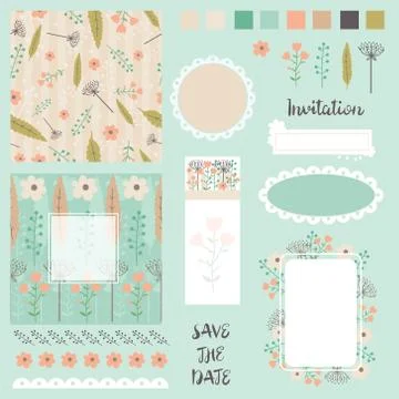 Collection of design elements for invitation, greeting card, wedding. Stock Illustration