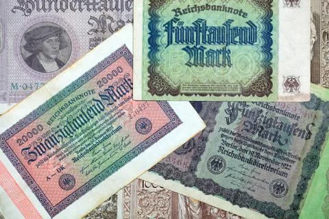 A collection of diffent historical banknotes from the depression in the twent Stock Photos