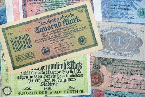 A collection of diffent historical banknotes from the depression in the twent Stock Photos