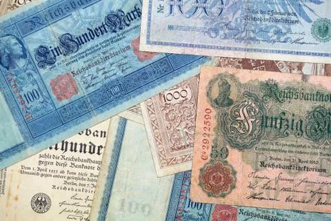 A collection of diffent historical banknotes from the depression in the twent Stock Photos