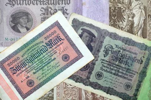 A collection of diffent historical banknotes from the depression in the twent Stock Photos