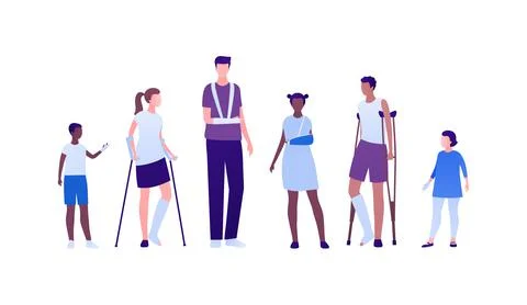 Collection of different age boy and girl standing with injured joints in bandage Stock Illustration