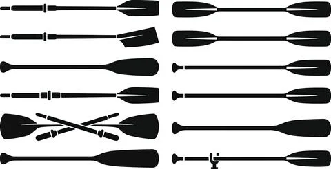 Collection of different black oar and paddle silhouettes for water sports. Stock Illustration