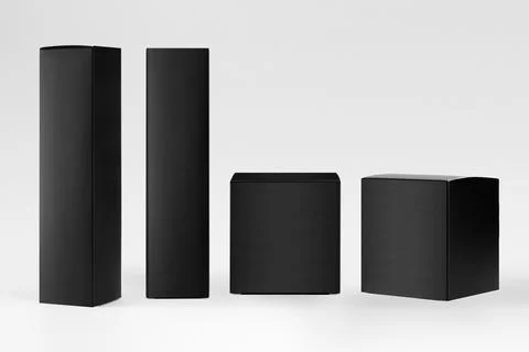 Collection of different black paper boxes - tall slim rectangle, square box s Stock Photos
