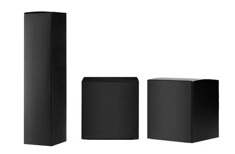 Collection of different black paper boxes -  tall slim rectangle, square side Stock Photos