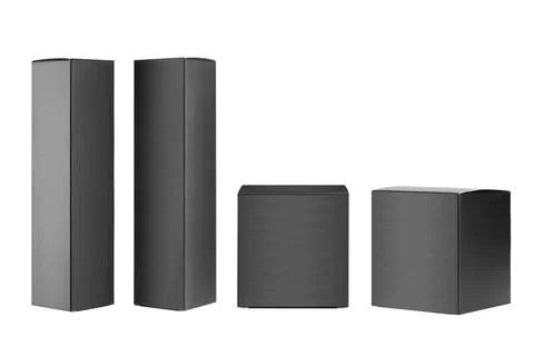 Collection of different black paper boxes -  tall slim rectangle, square side Stock Photos