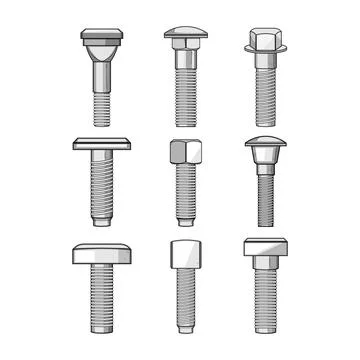 Collection of different bolts and threaded fasteners Stock Illustration