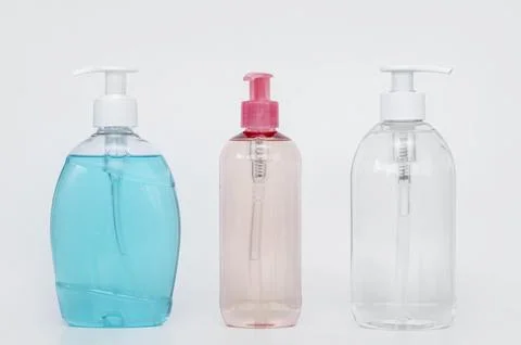 Collection different bottles liquid soap Stock Photos