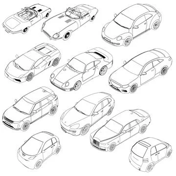 Collection of different car designs, including a sports car, a hatchback, and a Stock Illustration