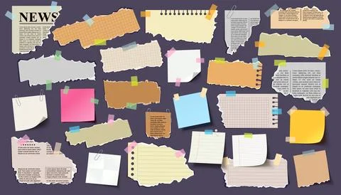 Collection of different color sheets of note papers scrap magazines and new.. Stock Illustration
