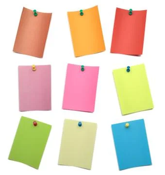 Collection of different colored pinned sheets of note papers stickers Isolate Foto stock