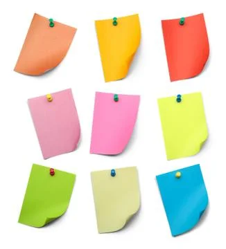 Collection of different colored pinned sheets of note papers stickers Isolate Foto stock