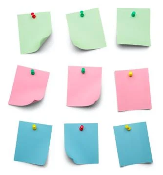 Collection of different colored pinned sheets of note papers stickers Isolate Foto stock
